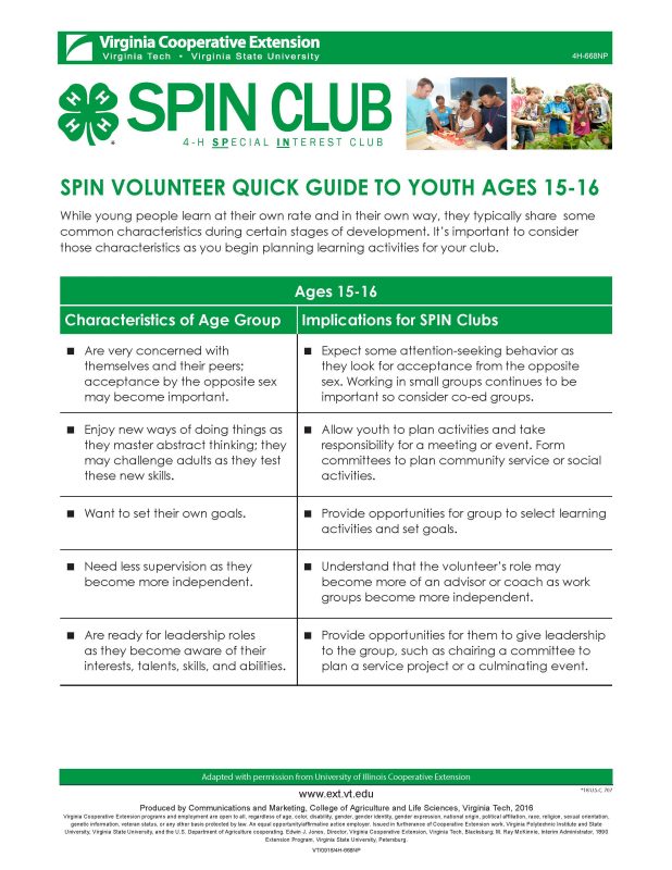 SPIN Volunteer Quick Guide to Youth Ages 15-16 Cover of SPIN Volunteer Quick Guide to Youth Ages 15-16