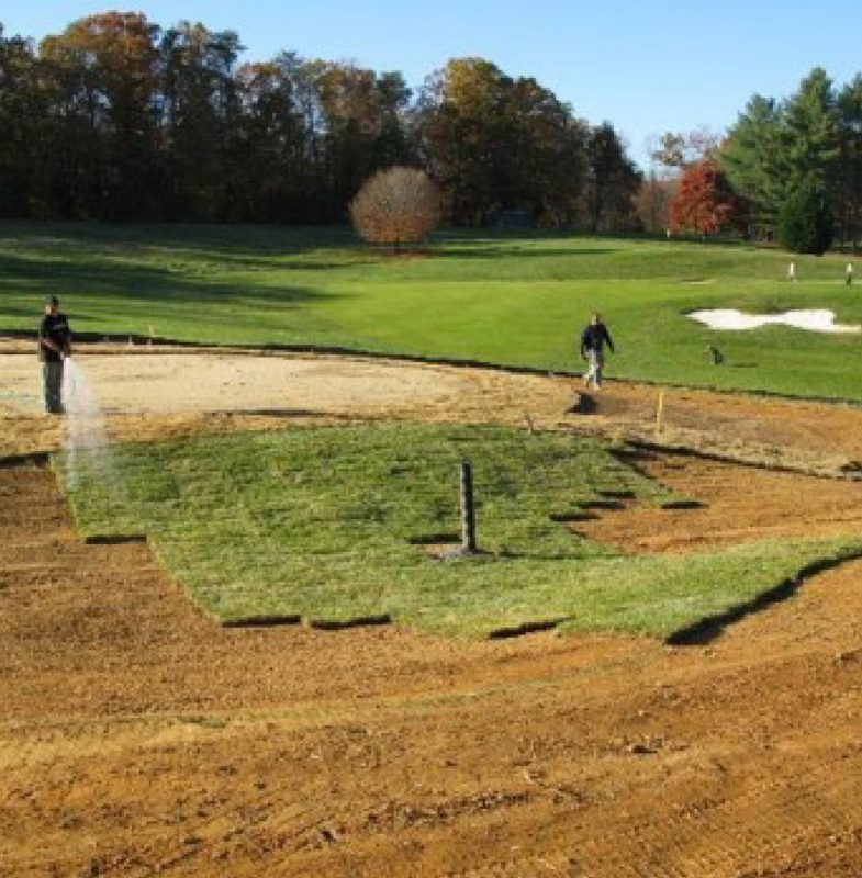 The dormant zoysiagrass sod being installed around this bunker face requires periodic moisture just like the tall fescue/Kentucky bluegrass sod in the foreground.