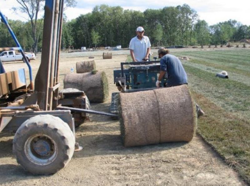 Workers using large equipment to handle and install a single roll of big roll sod, which can cover up to 400 square feet.
