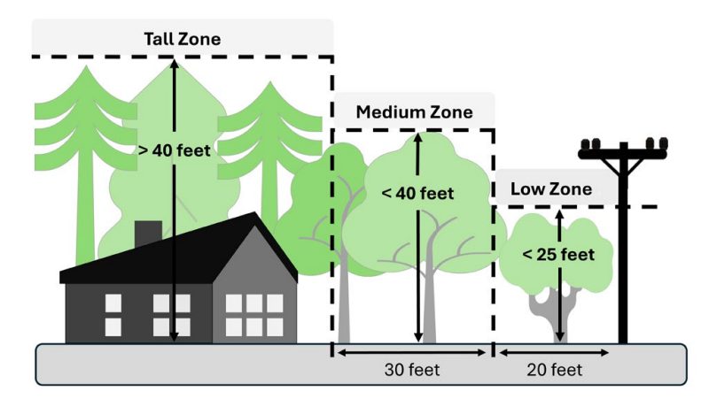 The illustration shows a utility pole to the right and a house to the left. The 20 feet closest to the pole is designated the low zone, which contains trees shorter than 25 feet tall. The next 30 feet from the pole is labeled the medium zone; it contains trees shorter than 40 feet tall. The area around the house, which is more than 50 feet from the pole, is the tall zone and has trees taller than 40 feet.
