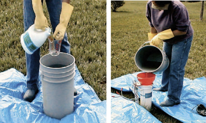 Two photos of a person mixing and pouring the chlorine solution into the well.