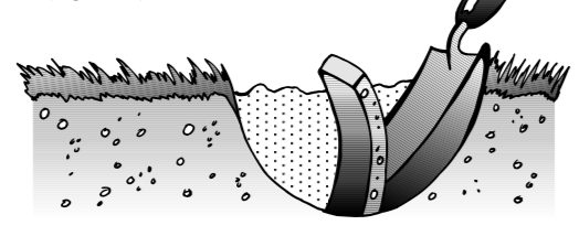 An illustration showing a trowel removing a slice from an open hole.