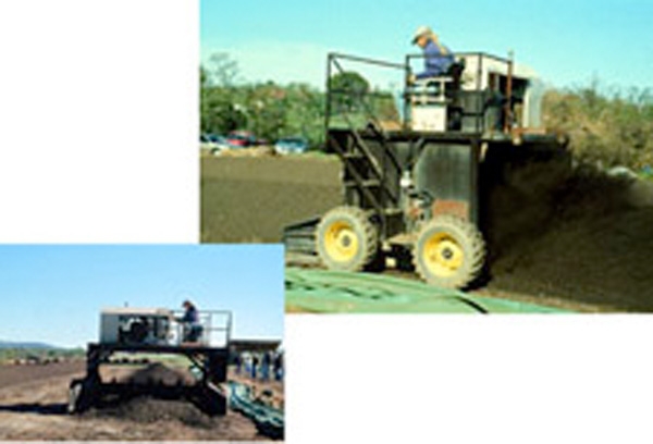 Two pictures of windrow turners working