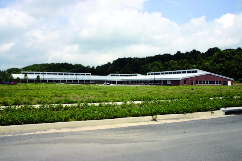 A large building with tall forest trees behind it and grass with a sidewalk in front.