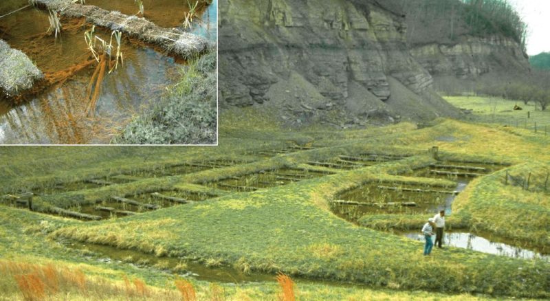 Figure 5. Because poor water quality and low nutrient availability hindered plant growth in this aerobic wetland, haybales were placed to prevent flow channelization and to add biodegradable organic materials that help stimulate alkalinity generation via sulfate reduction. The inset photo shows iron floc accumulating on the biodegradable organic material. Water draining from an abandoned deep mine enters the system to the right of the inset photo, and flows through the system toward an exit at the lower right.