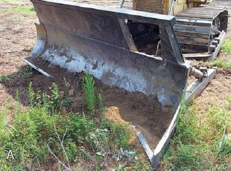 Equipment that can be used for site clearing operations: (a, upper left) a “KG-style” shearing blade, attached to a dozer, for shearing dense woody vegetation at ground level; (b, lower left) a brush-rake, also attached to a dozer, for grubbing roots and moving and piling sheared vegetation with low disturbance of surface soils; and (c, upper right) a tree shredder, attached to a skid-steer tractor, for grinding and shredding both above-ground and below-ground stumps and roots, an operation that can prevent much of the vigorous re-sprouting that will occur if only woody tops are removed.