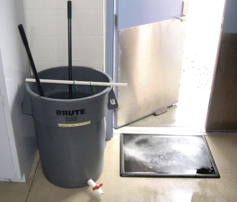 photo of a bucket and footbath in front of a door
