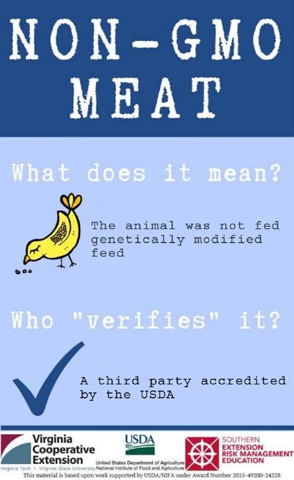 Figure 8. The label states that non-GMO meat refers to animals not fed genetically modified feed. The infographic questions who verifies these standards, answering that it is a third party accredited by the USDA. The design includes a simple illustration of a yellow chicken.