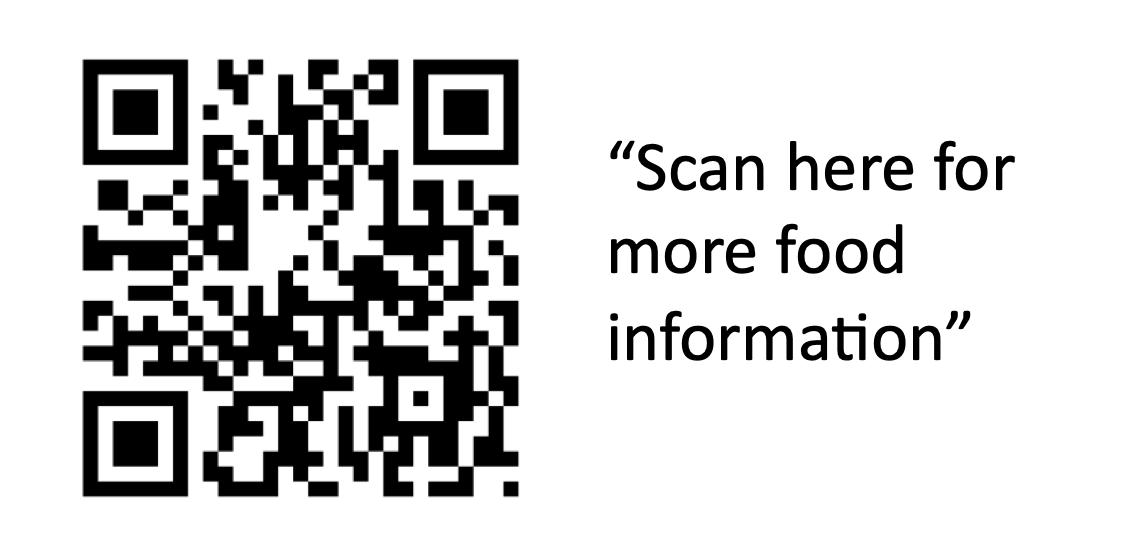 To the left: a QR code.  To the right: the words "Scan here for more food information"