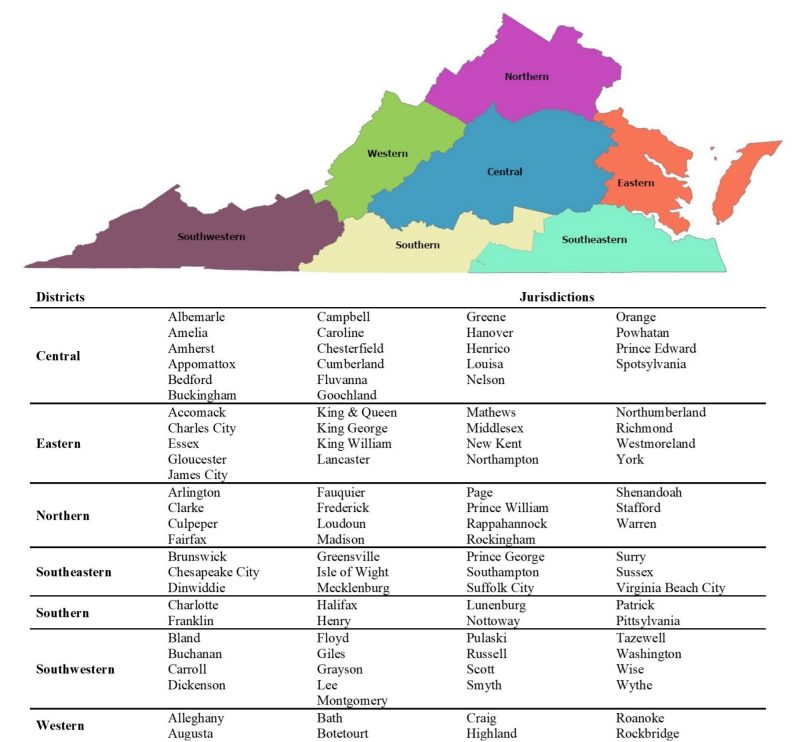 A map of Virginia's agricultural statistics districts.