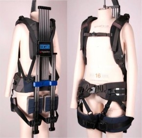 An exoskeleton built of fabric straps and carbon fiber rods running parrel to the back.