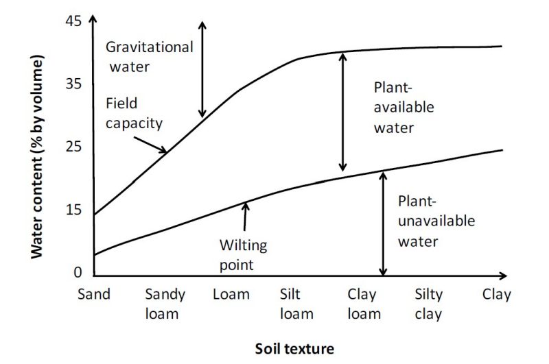 Gravitational, plant-available and plant-unavailable water content for various soil textures.