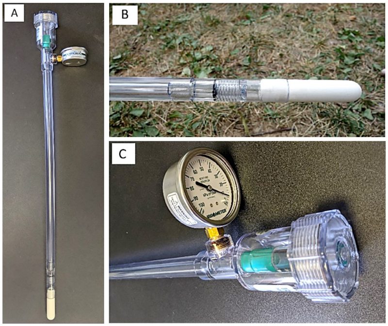 A photo of a tensiometer with additional photos of its ceramic tip and vacuum gauge.