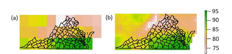 Two maps of temperature measurements over Virginia, the first with a coarse resolution and the second with a finer resolution. 