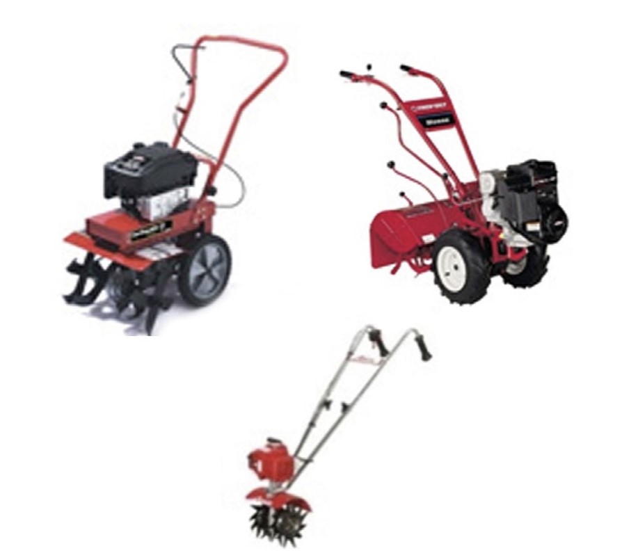 An image of three different types of garden tillers.