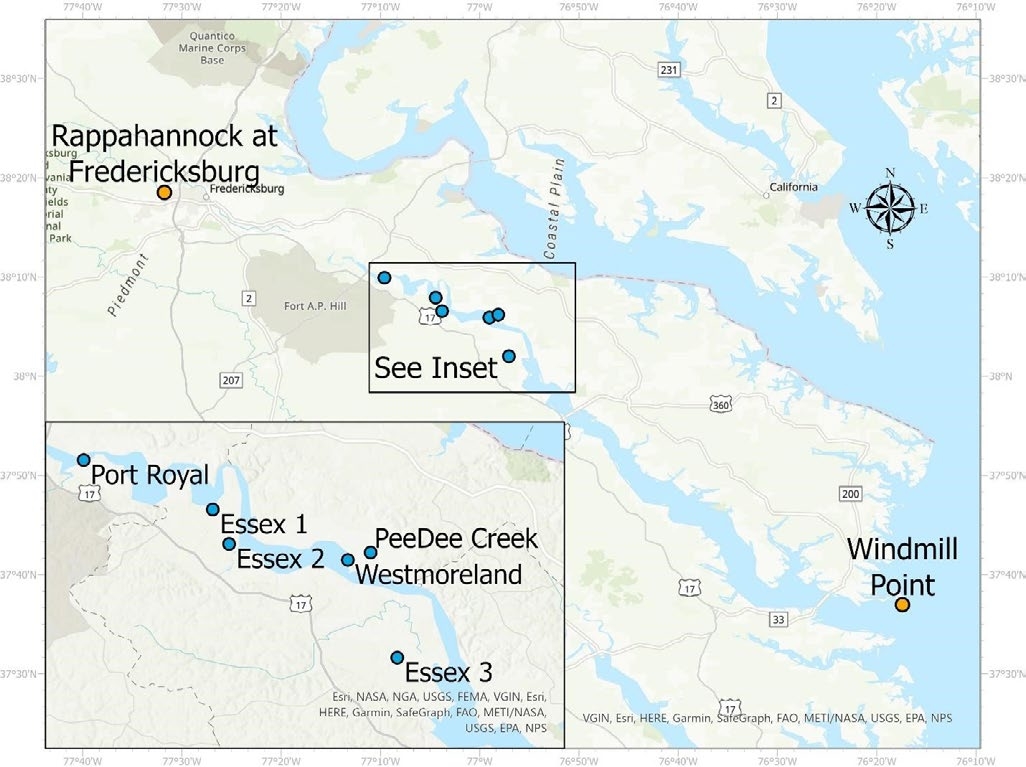 Chesapeake Bay area map including Fredericksburg to the northwest and Windmill Point to the southeast. An inset indicates the sampling locations along the river and creek.