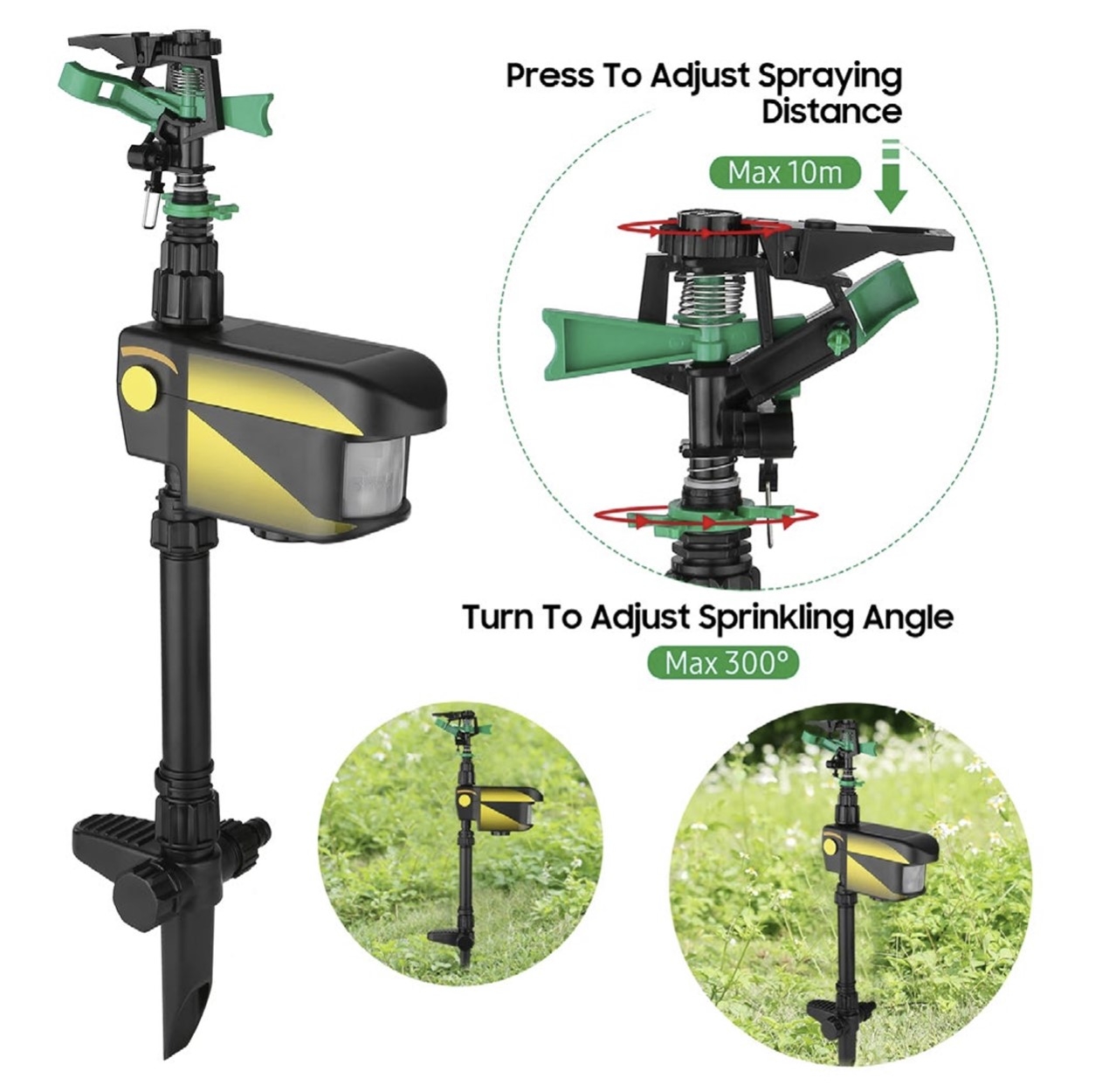 This device adjusts for both height and direction of the spray stream. It includes an adjustable rotating irrigation spray head, a hose connection, a motion detector, and an actuator to turn the device on and off.