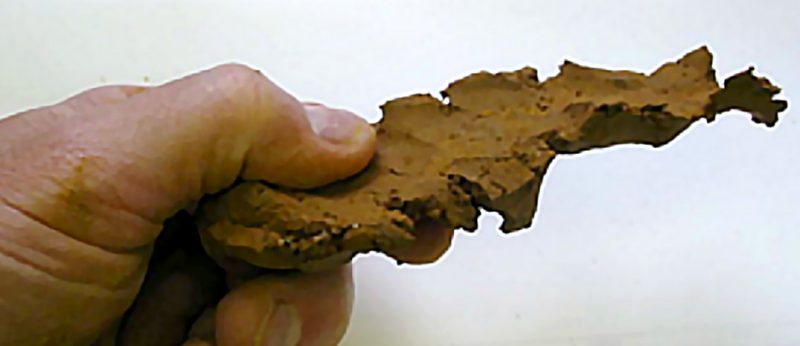 Guide to estimating one of 12 texture classes by hand from a moist, mixed soil sample about the size of a ping-pong ball. This sample makes a ribbon over 2 inches long so it would be classified in the clay family.