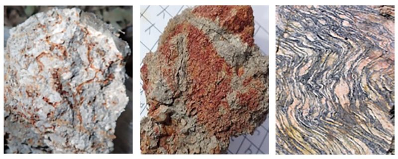 . Left: red wetness mottles (redoximorphic features) in a gray colored horizon. Center: gray wetness mottles (redoximorphic features) in a red colored horizon. Right: consistent, parallel, linear color patterns in bedrock leaves behind lithochromic color patterns as the rock weathers into soil.