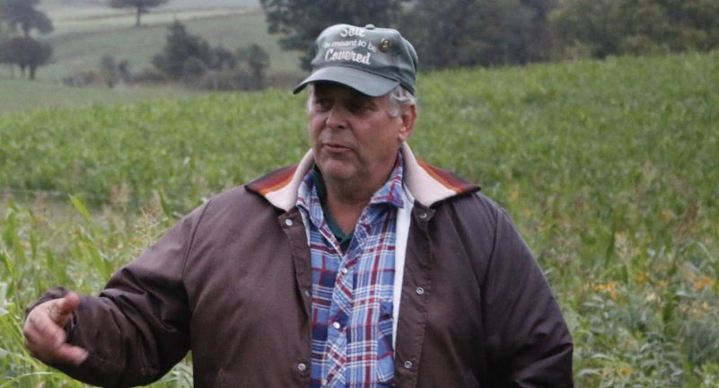 Image of a man pointing by his hand and has background of a green field.