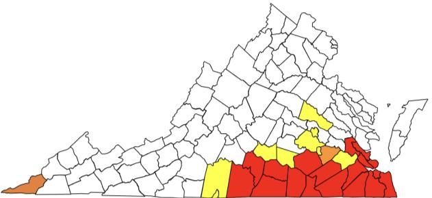 Figure 1, A map of Virginia indicating the current imported fire ant quarantine in 2024. Locations with fire ants outside of the quarantine are also included.