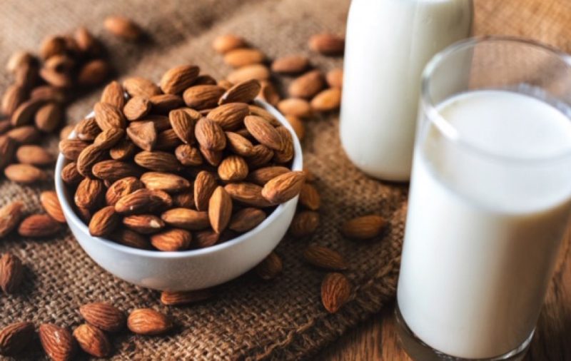 Bowl of almonds and a glass of milk.