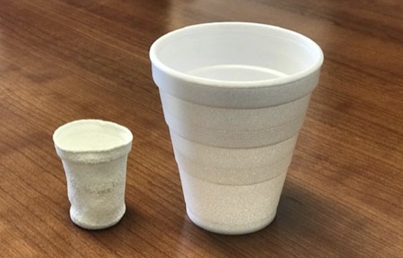 Two white Styrofoam foam cups side by side sitting on a brown surface. The Styrofoam cup on the left is shrunken and misshapen after being exposed to HPP due to the product’s high volume of air. A standard Styrofoam cup sits to the right for comparison.
