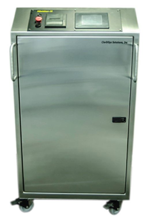 The chlorine dioxide gas generation system on wheels is a portable, rectangular stainless-steel chamber with a control panel on top and handles on one side.