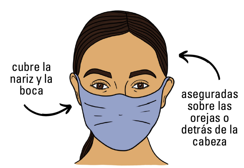 an illustration showing how to wear a mask: covers nose and mouth, secured over ears/ behind head