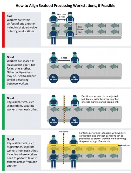 Four ways to align processing workstations to allow physical distancing. Bad -when employees are working close together. Good - when employees are 6 feet apart or physical barriers are provided or both.