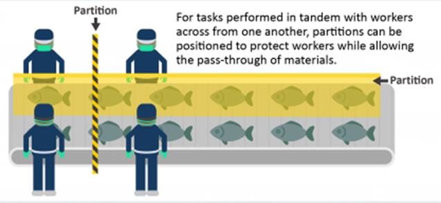 an illustration of four people at a conveyor with two partitions and personal protective equipment.