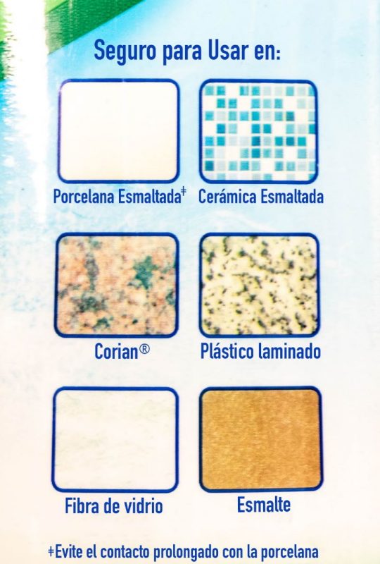 Etiqueta de un producto que indica en que superficies es seguro utilizar el producto.