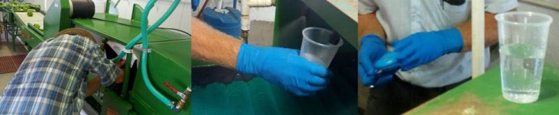 Figure 6. A series of photos showing a single-pass spray bar system, including collecting spray water to measure chlorine and pH levels.