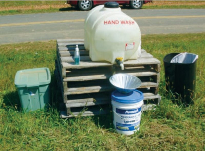 Portable handwashing station and a bottle of soap with a pump dispenser
