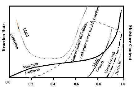 Graph showing how different water activity values impact chemical and microbial reaction rates.
