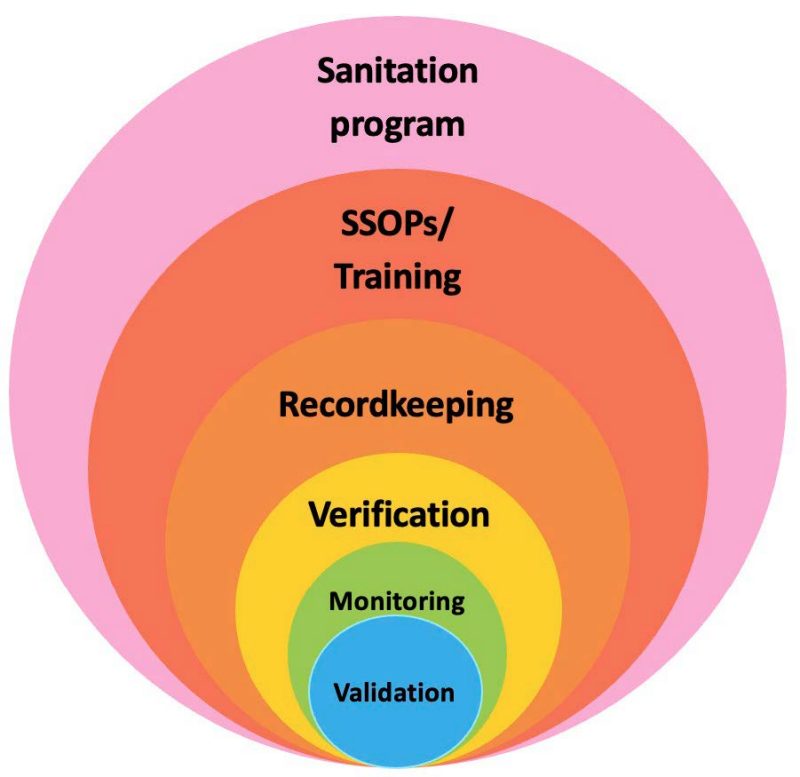A venn diagram building on the cumulative sanitation program (largest ciricle), with subsequent smaller circles including SSOPs/training, recordingkeeping, verification, monitoring, and validation.
