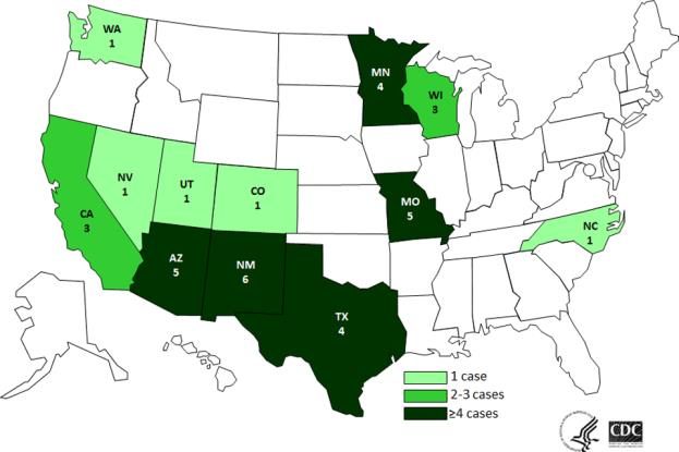  A map of the U.S. showing of the number of listeriosis cases across the United States that were linked as related to an outbreak traced back to caramel apples. This image was created by the U.S. Centers for Disease Control and Prevention as part of the outbreak investigation.