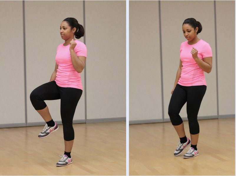 two images for a girl showing how to do high knees, first one on the left she lift up her right knee to hip height and the second picture on the right she put her knee down to switch to the other knee