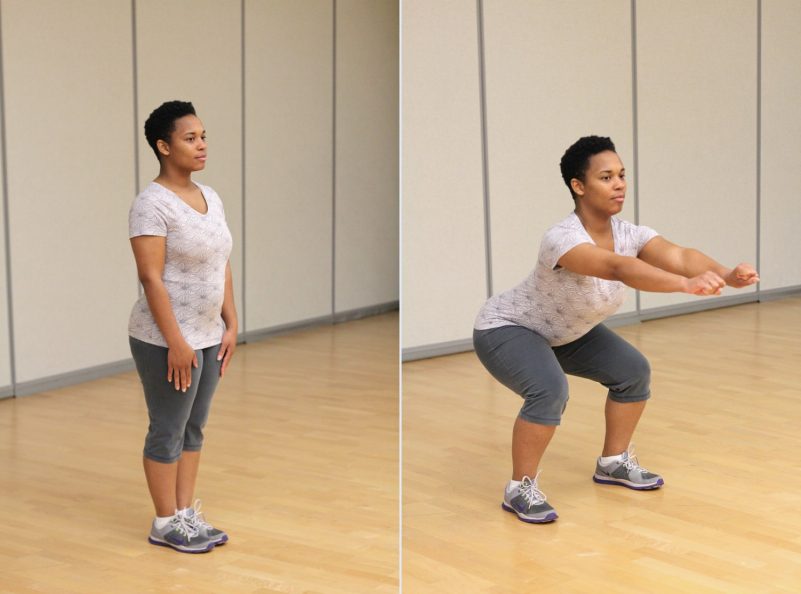 Two images showing a girl stands up with her feets together, then on the other image she is sitting back like she is aiming for a chair and her legs are shoulder-width apart with arms spread in shoulder height