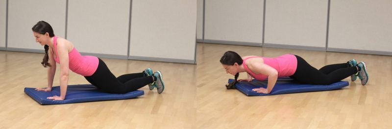 The first image showing a woman placed both hands and both knees on the ground. Tuck her toes for stability. the other image showing her bend at her elbows to bring her chest closer to the floor.