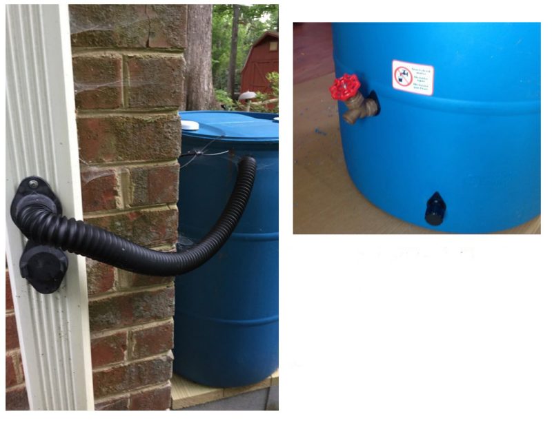 Left image of a blue barrel connected to a white downspout via a black extension outside a brick exterior wall, right image a close-up of a blue barrel and a red spigot and black cap on the drain.