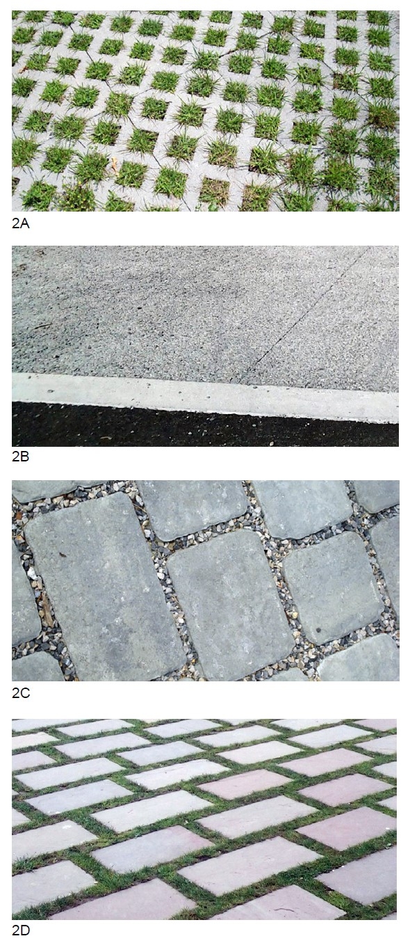 Four different scenarios, A depicts small squares of grass outlined in concrete, B shows gray porous pavement which appears solid, C displays gray rectangular blocks separated by small white and gray gravel, D demonstrates gray rectangular pavers divided by grass.
