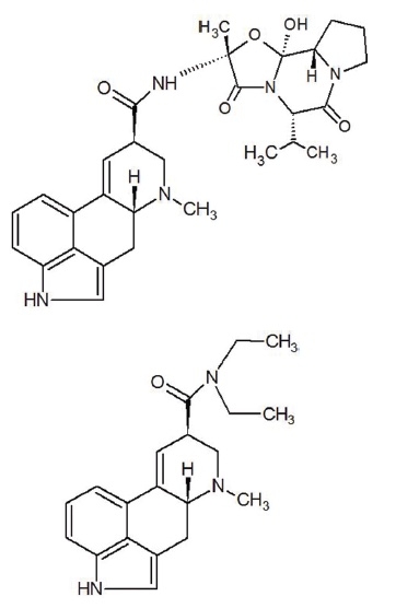 Molecular structures of Ergovaline and LSD.
