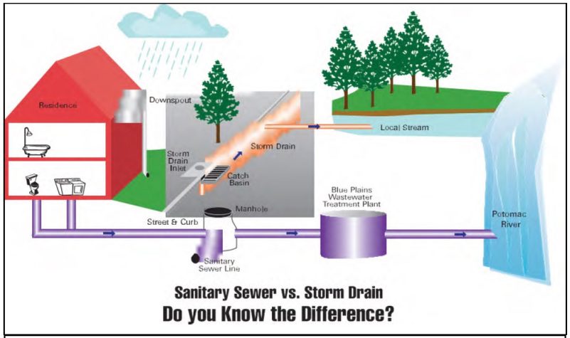 A graphic of sanitary sewer versus a storm drain system. A sanitary sewer line flows from a house to a line in the street then to a wastewater treatment plant before being discharged into a nearby waterway. A storm drain line flows from a drain in the street directly into a nearby waterway. Source: City of Rockville 2014.
