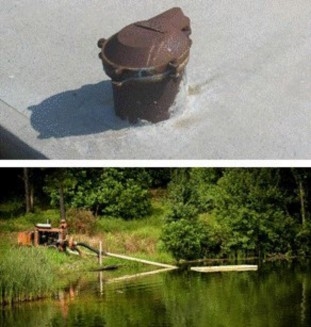 Top photo pictures a well head with well cap that is embedded in a concrete pad to provide protection to the well. The bottom photo shows an open pond or surface water source in which a pump is pulling water for crop irrigation needs.