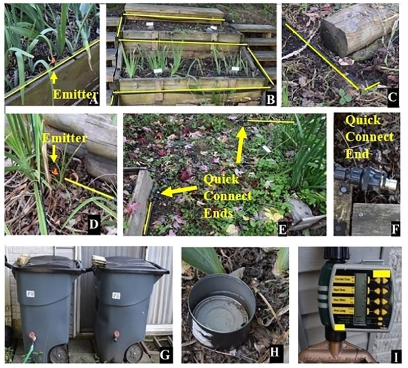 A series of photographs depicting the various components of a micro-spray emitter irrigation system.