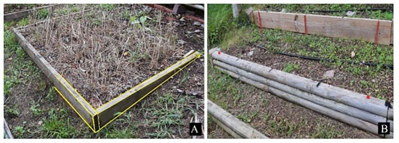 Two pictures, side by side. The first shows a three-sided raised bed with the right corner in the foreground, clearly showing how the side panels are tapered to align with the incline. The second shows terraces formed on a slope using a board, timbers, and rebar.