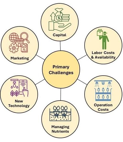 Figure 2. Radial graphic showing primary challenges with mini icons representing capital, labor costs, operations costs, nutrient management, new technology, and marketing.