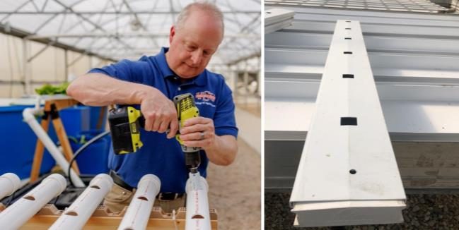 Figure 8. NFT plant channels. Left photo shows the author drilling holes in PVC plumbing pipe; right photo shows a commercially pre-fabricated PVC molded channel.