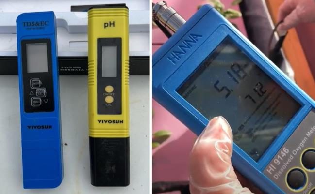 Figure 14. Left photo shows an EC and pH meter, and the right photo shows a Dissolved Oxygen meter being used in a deep water culture (DWC) system to take water measurements.